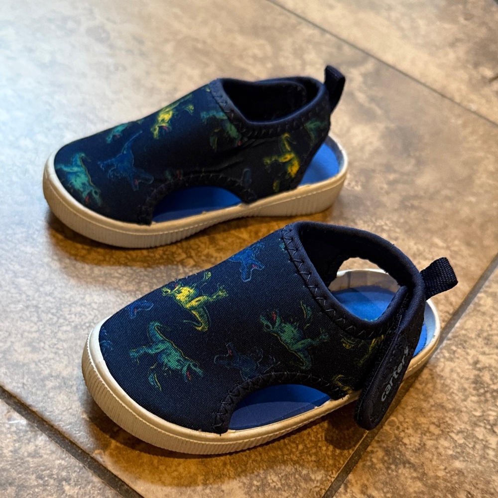 Carter's Navy Dinosaur Water Shoes with Yellow & Green Accents in size 5